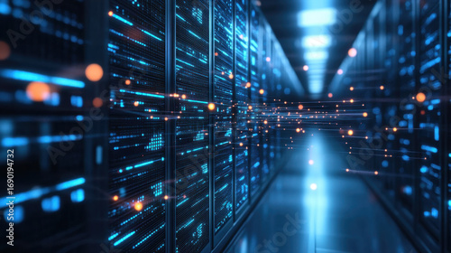 Blue Illuminated Server Room Data Center Technology