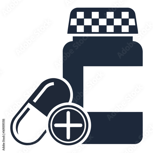 Medicine bottle and capsule icon vector illustration for healthcare pharmacy medical treatment design