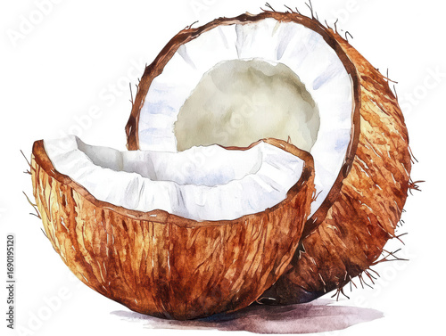 Watercolor painting of a cracked coconut showing the white flesh inside isolated pieces