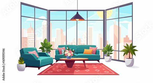 Bright modern living room with large windows overlooking a cityscape