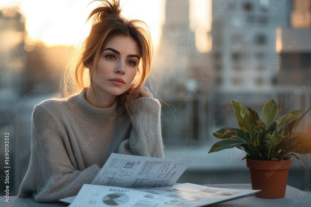 Obraz premium A young woman with red hair sits on a rooftop at sunset, thoughtfully reviewing documents.