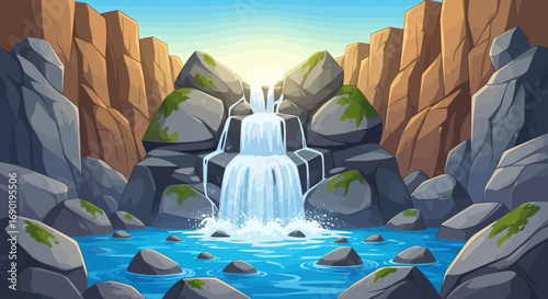 Serene waterfall cascades into a clear blue pool amidst rugged, sun-drenched cliffs.