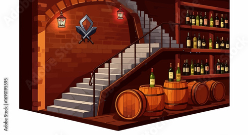 Cozy cellar with wine barrels and bottles displayed on shelves next to a grand staircase.