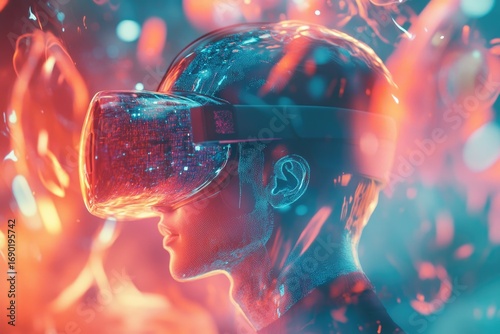 A person wearing a VR headset immersed in a vibrant, digital world, experiencing futuristic technology.