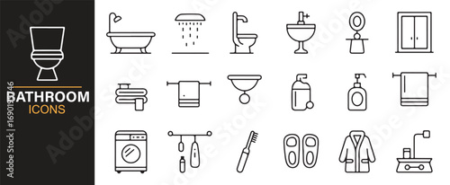 Minimal vector restroom icons set with plumbing, water, and cleanliness elements