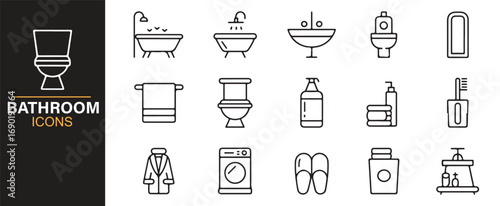 Collection of sanitary washroom symbols including bathtub, faucet, towel, and soap icons