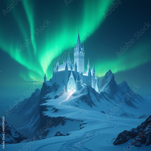 Enchanted ice castle perched atop a snow-covered mountain, bathed in the ethereal glow of the aurora borealis.  A path leads to its glowing entrance.