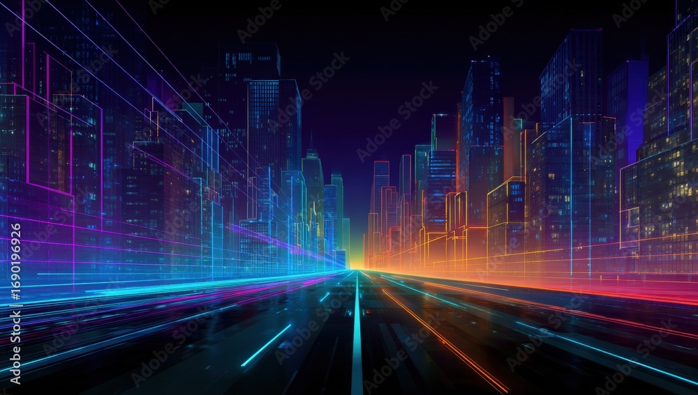 Naklejka premium Futuristic city street at night with vibrant neon lines