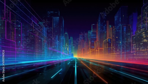 Futuristic city street at night with vibrant neon lines