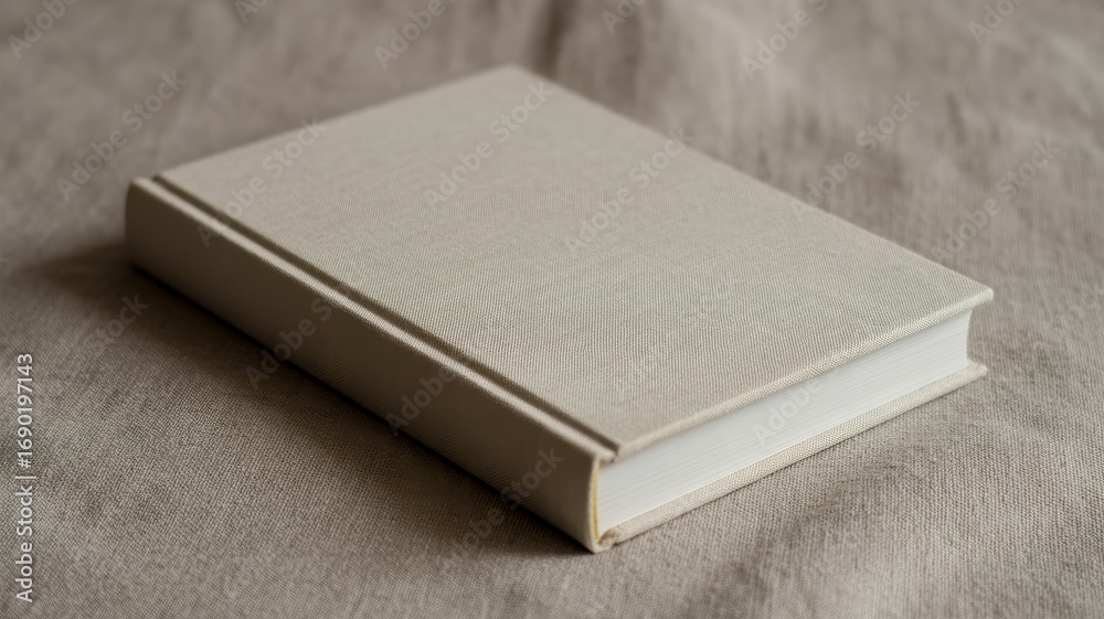 Fototapeta premium A closed, hardcover book with a plain, off-white cover resting on a neutral-toned fabric.