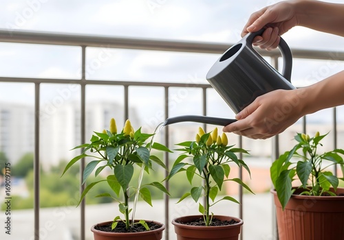 Close-up of a person's hands using a watering can to nurture small yellow chili pepper plants growing in pots on an urban balcony