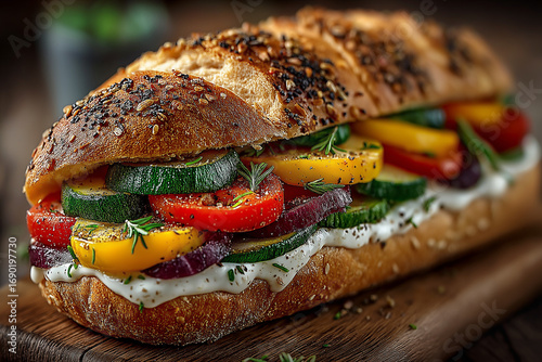 Fresh vegetarian sandwich with colorful vegetables on rustic bread.
