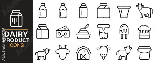 Farm fresh dairy icons set with cheese, yogurt, butter, milk, and cream illustrations