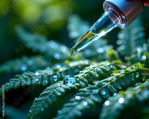 A macro shot of a cosmetic dropper releasing a drop of oil onto a wet fern leaf. A concept for natural, hydrating skincare.