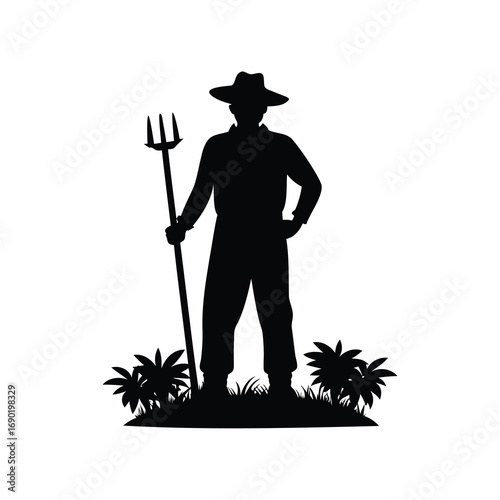 Silhouette of a farmer with a pitchfork standing in a field of plants, farmer in garden silhouette vector illustration