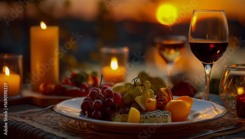Romantic candlelit dinner with wine and fruit platter at sunset on a balcony