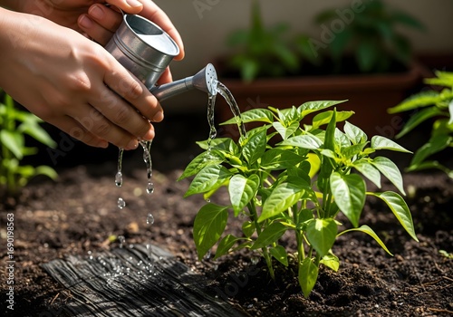 Cultivating new life, a gardener carefully waters a young seedling in a fertile garden bed to promote healthy growth and sustainability