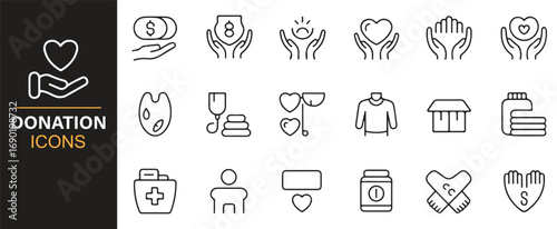 Giving and donation vector icons including money, care, help, and community support
