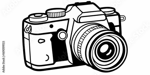 Illustration of a vintage camera with a large lens and multiple dials in black and white style