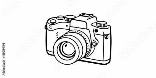 Illustration of a digital single lens reflex camera with prominent lens and various controls visible