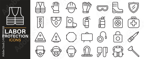 Workplace safety and protection vector icons set for industrial labor and construction sites