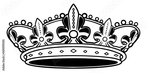 Ornate crown with fleur de lis motifs and diamond accents in a black and white line drawing style