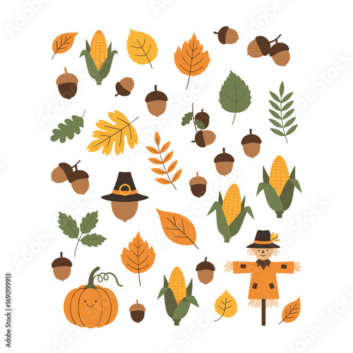 Autumn harvest symbols featuring pumpkins acorns corn and falling leaves with a scarecrow decoration