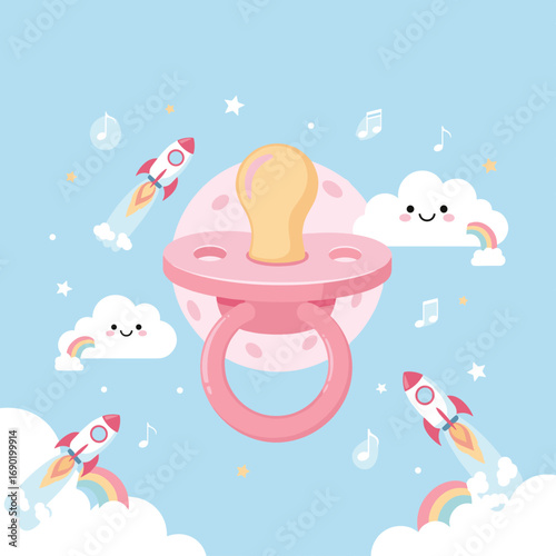 Cute pink pacifier surrounded by rockets clouds and musical notes against a blue sky backdrop
