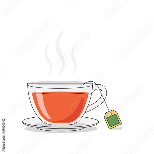 Aromatic warm tea infusion steaming hot in a clear glass cup on a saucer with a tea bag label