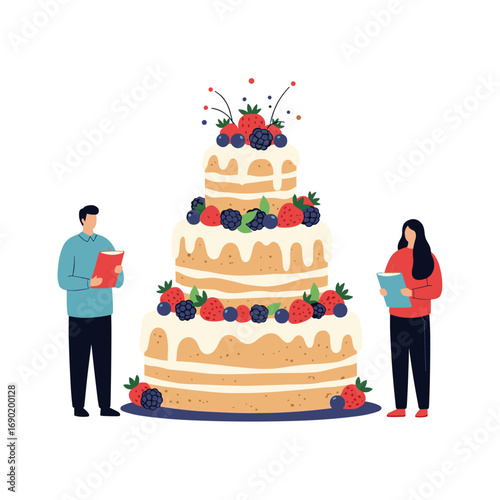 Evaluating the layers of a deliciously decorated multi tiered wedding celebration cake displayed