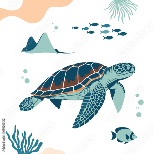 A majestic sea turtle glides through a vibrant underwater world amidst schools of fish and gentle rays a symphony of marine life unfolding