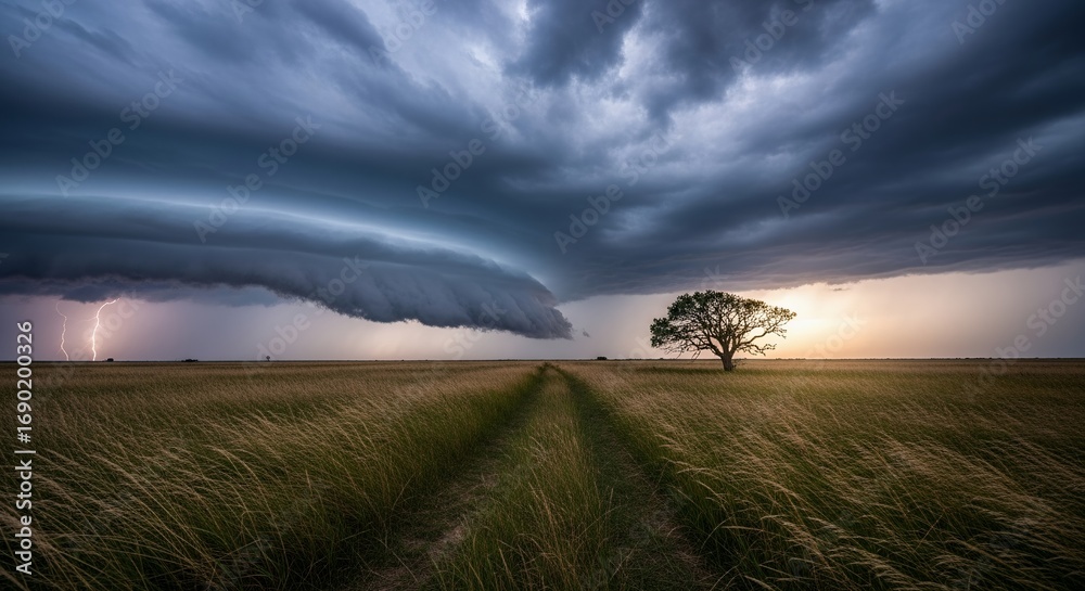 Fototapeta premium Dramatic lightning strike illuminates approaching supercell storm over vast prairie landscape