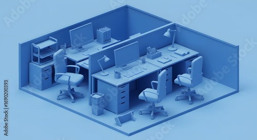 Isometric Blue Office Cubicles Desks Chairs Computer Monitors Artwork