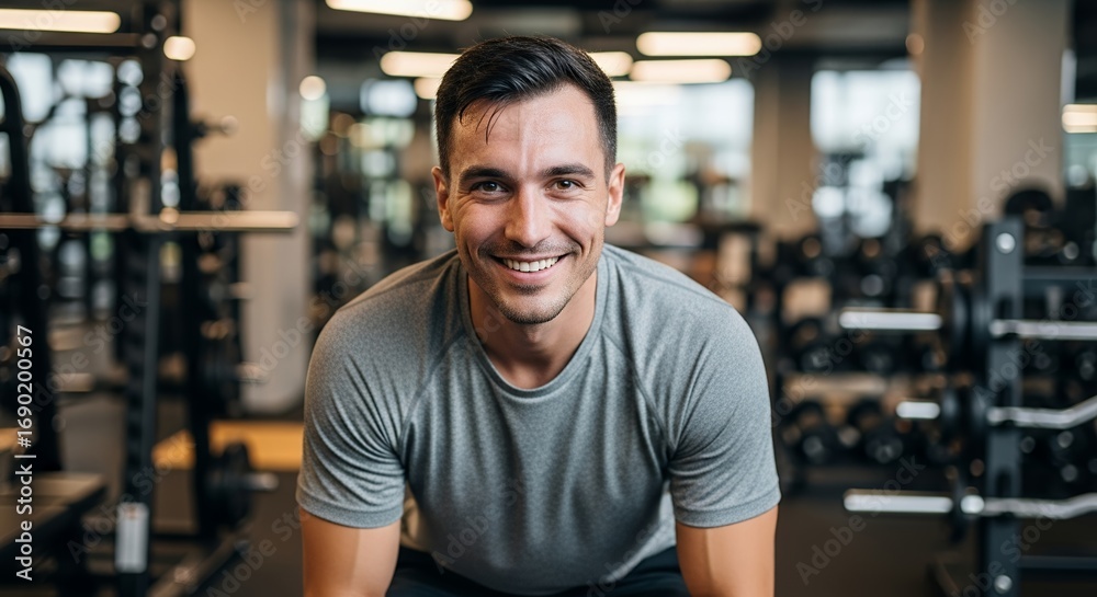 Fototapeta premium Confident man with a genuine smile, radiating health and fitness in a modern gym setting.