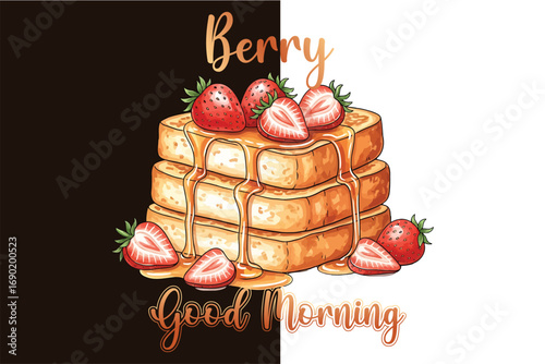 Berry Good Morning Strawberry Pancake Illustration Cute Food Graphic for T Shirt and Merch Design