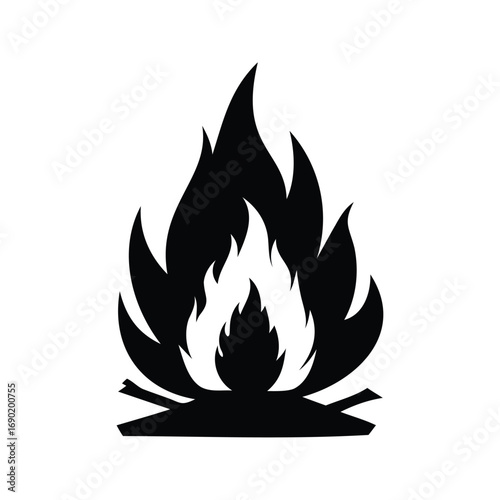 A striking black and white illustration of a roaring campfire ablaze, outdoors, fireplace flame icon silhouette vector illustration