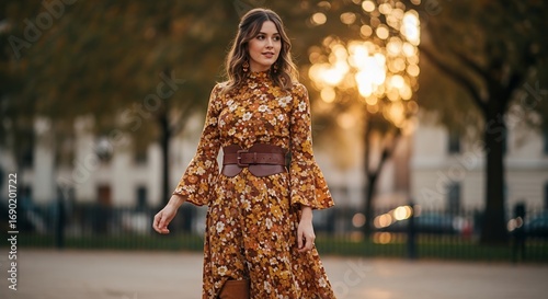 Elegant woman in a floral dress with a wide belt enjoys golden hour sunlight in a park