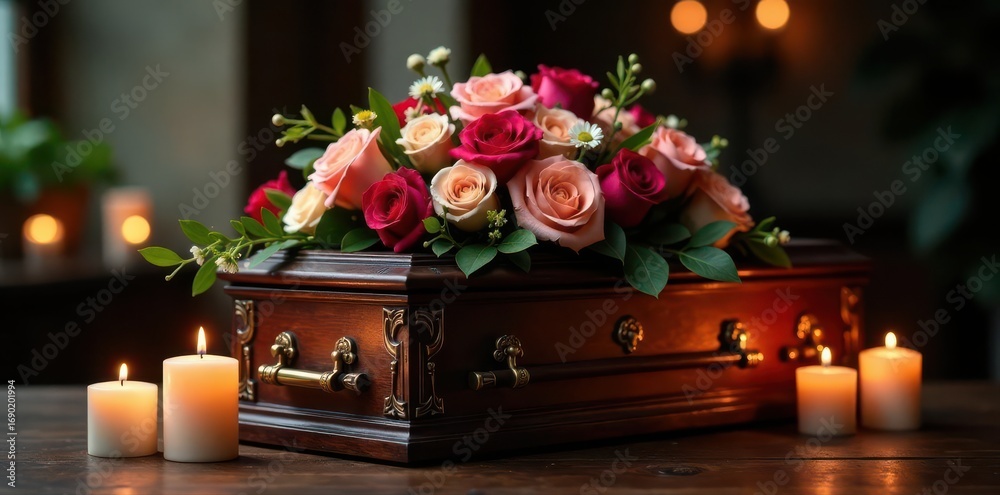 Obraz premium Luxurious floral display surrounds dark wood casket, candlelight glows softly , dark wood, photography