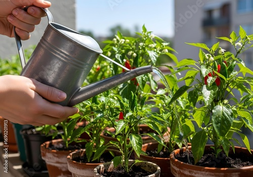 Woman's hands watering small chili pepper plants with a metal watering can, practicing urban gardening on a sunny apartment balcony