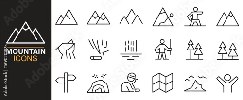 Hiking and nature vector icons pack featuring camping, trails, and mountain scenery