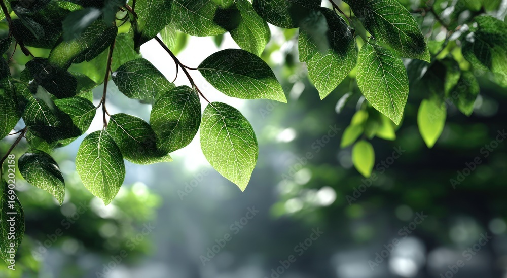 Obraz premium Close-up of vibrant green leaves, sunlight streaming through foliage, creating a soft, blurred backdrop