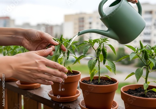 Urban gardening hobby showing a person carefully watering young chili pepper plants growing in terracotta pots on a city balcony