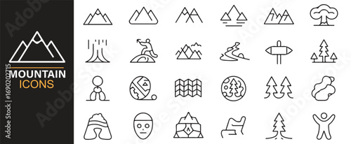 Outdoor exploration icons pack featuring climbing, trekking, camping, and travel graphics
