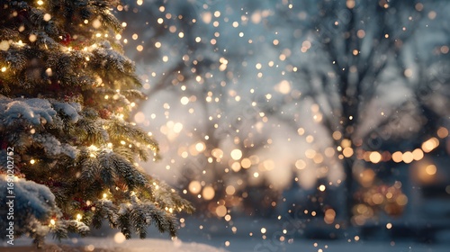 Winter holiday background with decorated Christmas tree, falling snow, glowing garland lights, festive widescreen backdrop, warm joyful seasonal celebration