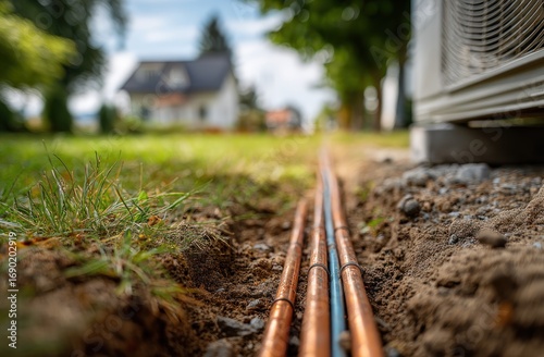 Close-up of buried copper pipes leading to a house with an outdoor air conditioning unit