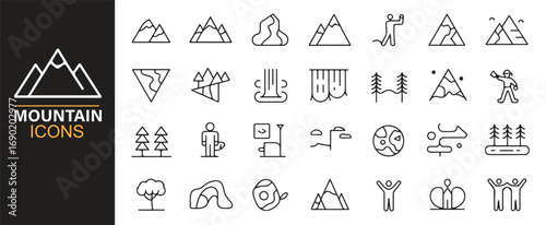 Vector mountain icons set with peak, snow, forest, and hiking adventure symbols