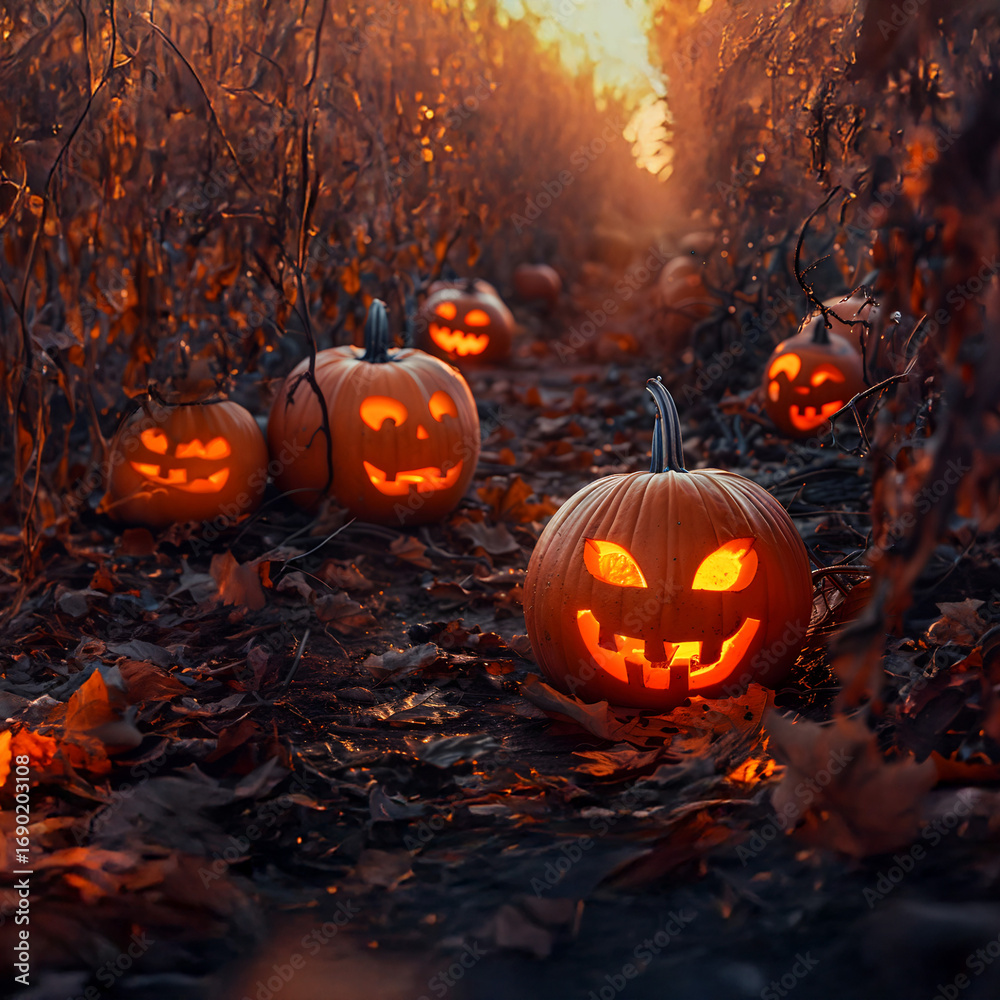 Fototapeta premium Shining carved Halloween pumpkins lying on the harvested field in autumn at night. Concept of Halloween celebration, Trick or Treat and season.