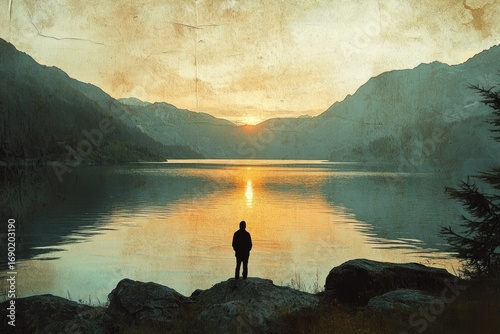 Silhouetted figure contemplates serene sunset over a calm lake nestled between majestic mountains.