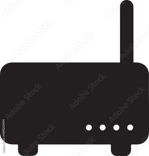 A stark black silhouette of a modem device, featuring its word label, antenna, and indicator lights, presented in a clean graphic style.