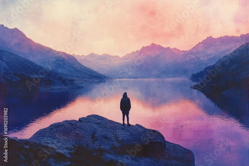 A solitary figure stands on a rocky outcrop overlooking a serene lake nestled amidst majestic mountains at sunset.